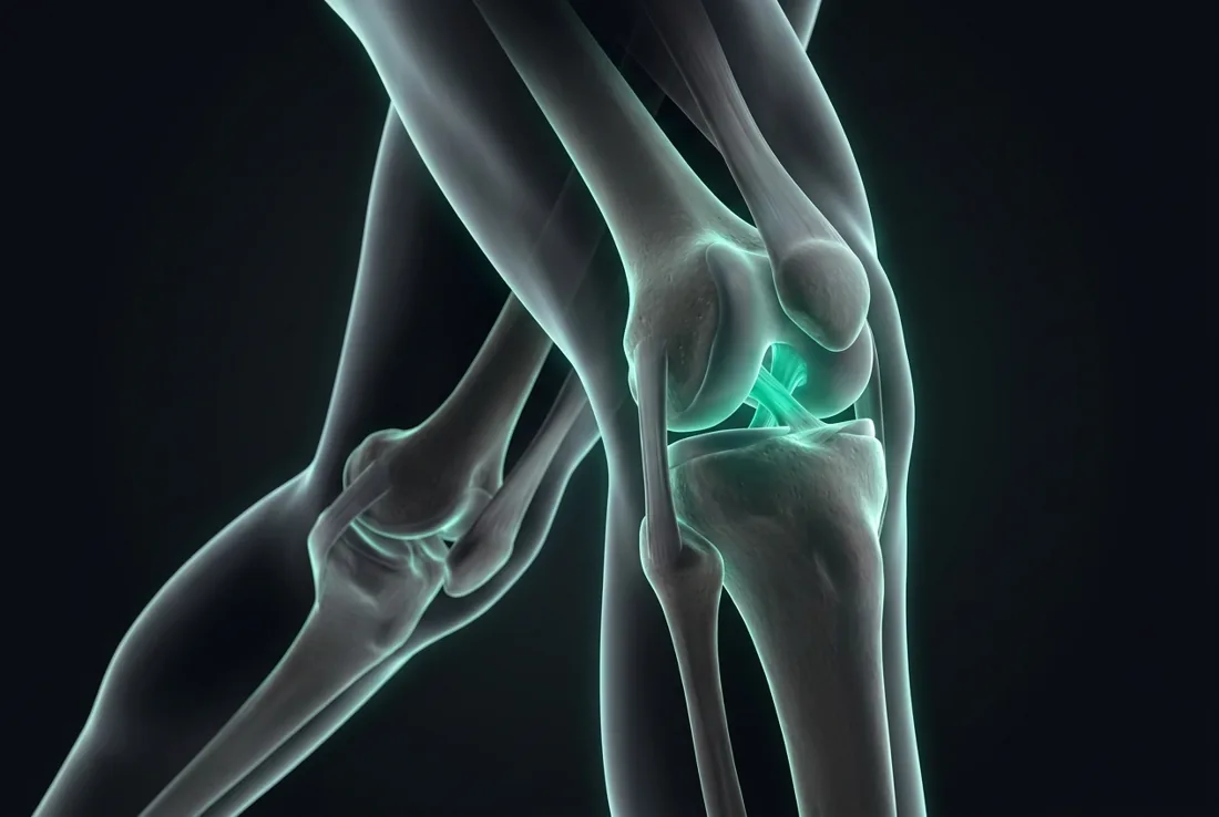 Anatomical knee render with the ACL highlighted — sports injury care